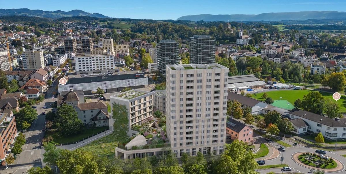 Wenn dann alles mal schön grün ist: Die Visualisierung zeigt den grossen Dachgarten und die begrünte Fassade der Überbauung Gerichtsplatz – vom Zeughausareal aus gesehen. Die Visualisierung zeigt den grossen Dachgarten und die begrünte Fassade der Überbauung Gerichtsplatz – vom Zeughausareal aus gesehen.
